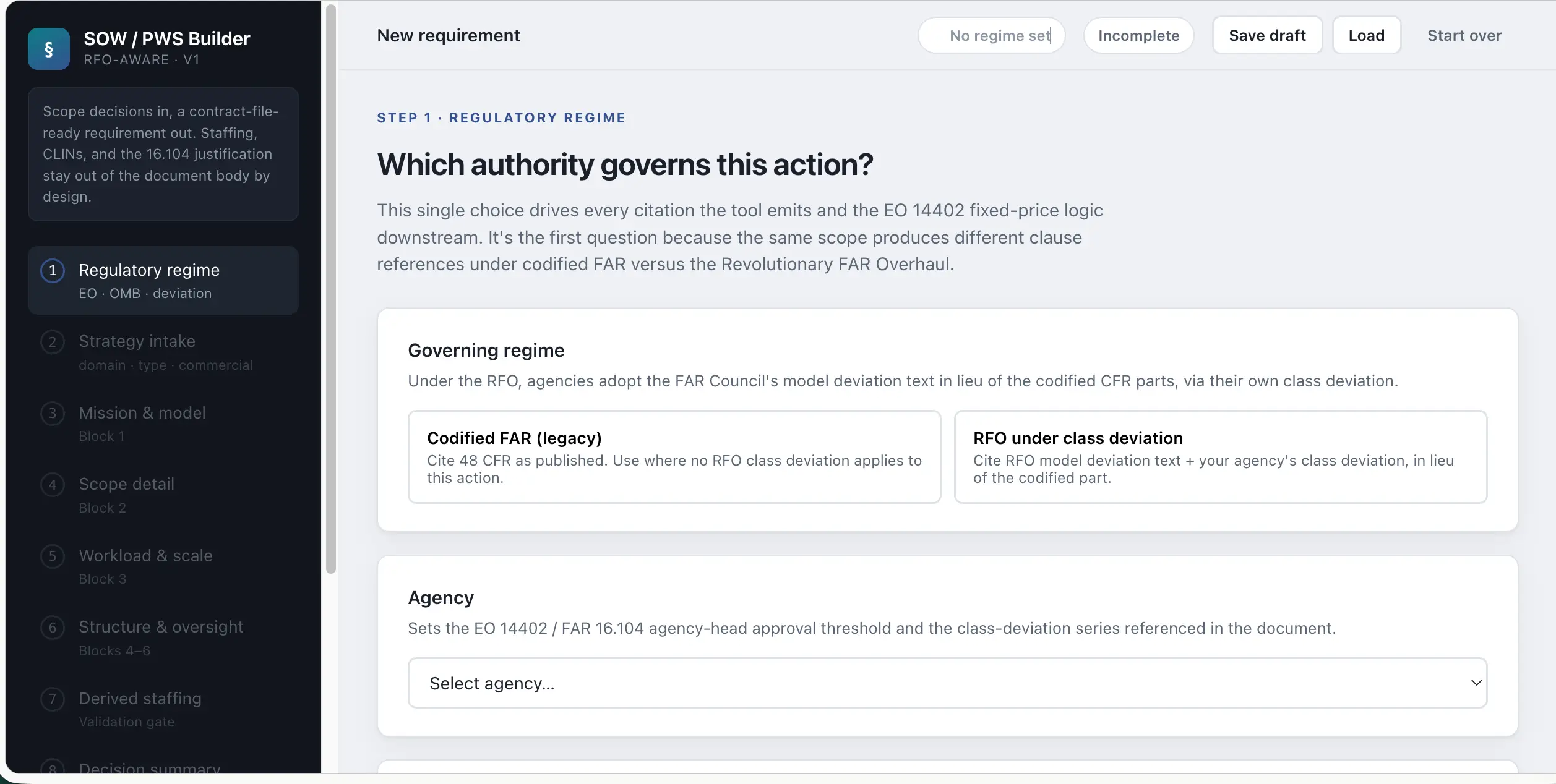 The TWG SOW/PWS Builder on step one of eight, asking which regulatory authority governs the action, with options for codified FAR or the Revolutionary FAR Overhaul under class deviation, an agency selector, and a step list down the left side.